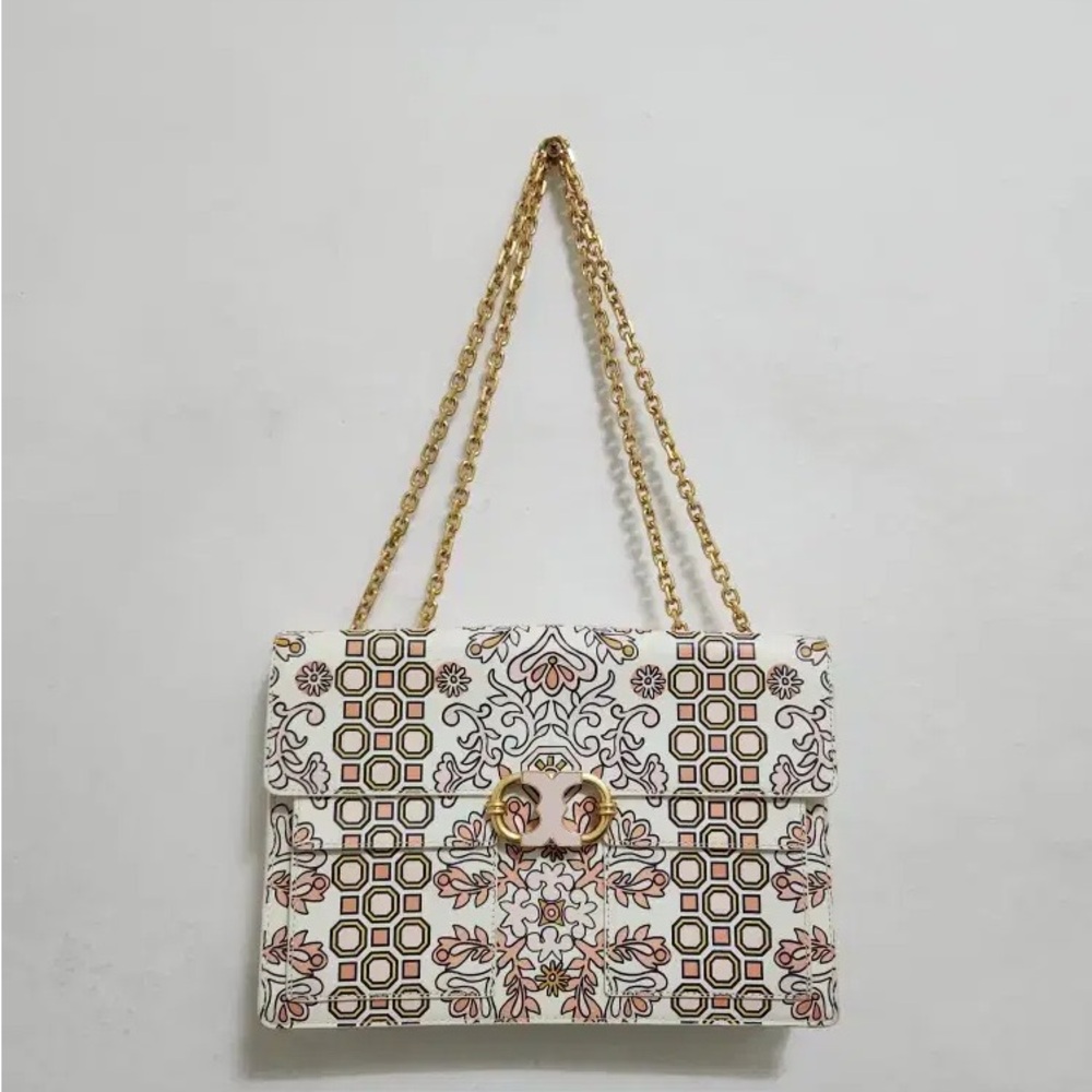 Tory Burch White and Gold Patterned Shoulder Bag
